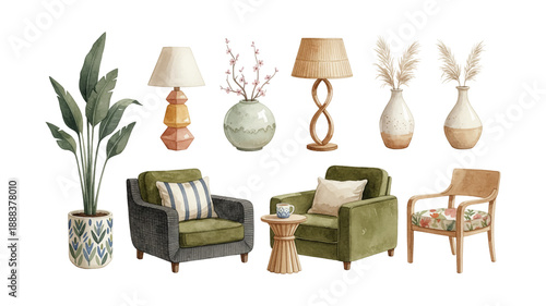 Collection of Elegant Home Decor Items and Furniture for Interior Design Including Chairs Lamps Plants and Vases