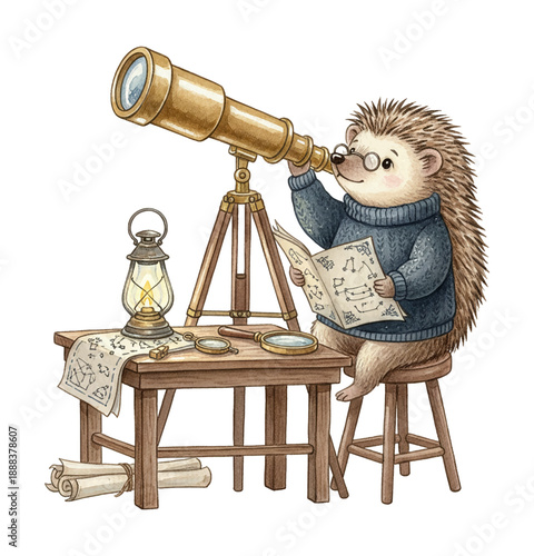 Adorable hedgehog explorer with glasses peering through a telescope holding a constellation map looking curious and happy