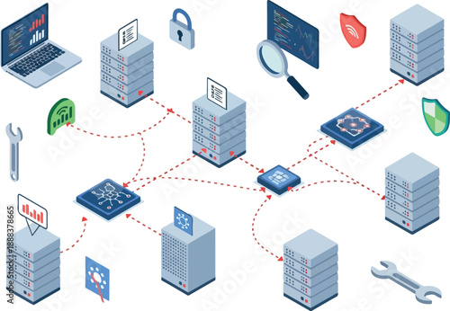 Isometric Data Network Illustration Servers, Connections & Security