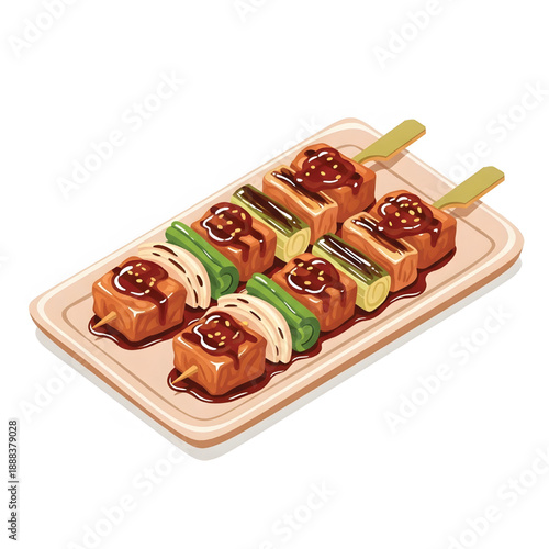 Appetizing illustration of savory Asian-style grilled skewers with marinated tofu, crisp green onions, and sweet sauce, presented neatly on a serving plate