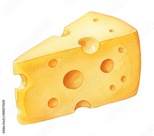 Delicious yellow cheese wedge with characteristic holes in a charming watercolor illustration style
