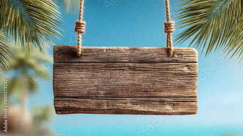 Rustic wooden sign hanging from palm trees on sunny beach