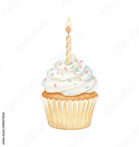 A delicious watercolor cupcake with white frosting and colorful sprinkles topped with a lit striped candle for celebration © slowbuzzstudio