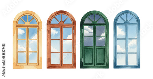 Watercolor illustration of four colorful arched windows displaying blue sky and fluffy white clouds reflection