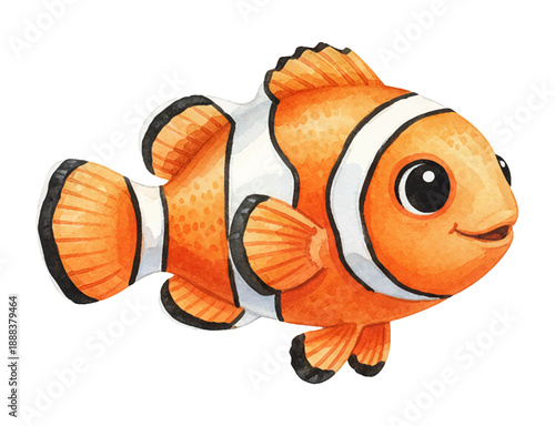Cute happy clownfish swimming cheerfully with bubbles in a bright and friendly watercolor illustration