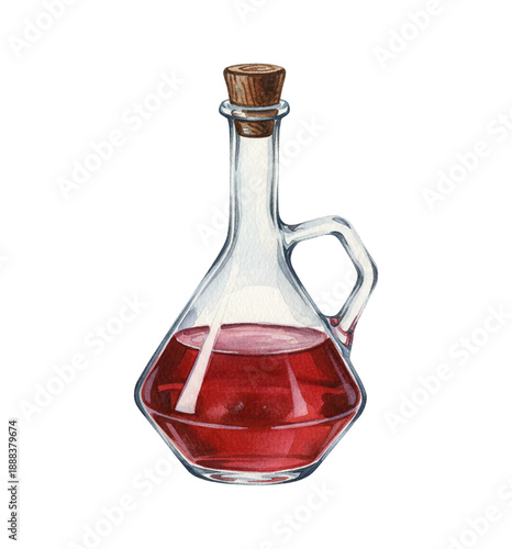Elegant glass carafe filled with rich red liquid and a natural cork stopper watercolor illustration