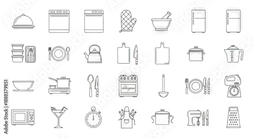 A clean and modern set of cooking icons in minimalist line style with editable strokes, perfect for food apps, recipe blogs, kitchenware packaging, and culinary