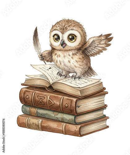 Adorable baby owl writing with a feather quill on a stack of old books expressing wisdom and curiosity