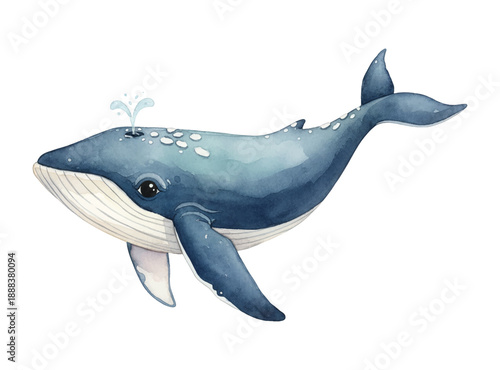 Adorable Blue Whale with White Spots Spouting Water in a Calm Watercolor Illustration Style
