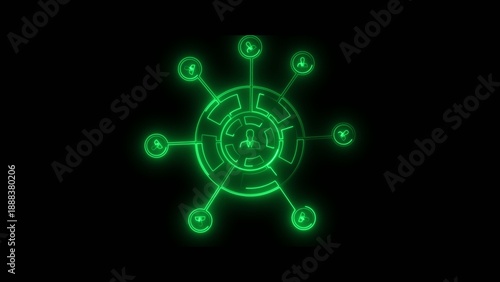 Wallpaper Mural Glowing green circular network diagram with interconnected nodes and human on dark Generate title without using the word "Title:" before it. background Torontodigital.ca