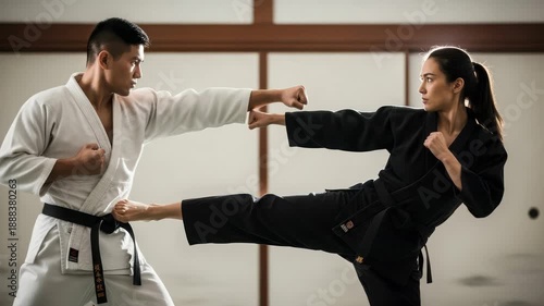 Martial Arts Training: Woman Kicks Man in Karate Sparring Session