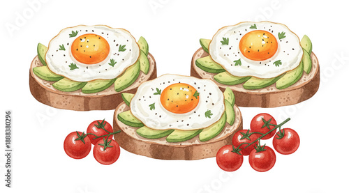 Three delicious avocado toasts with fried eggs and fresh cherry tomatoes a healthy breakfast meal illustration