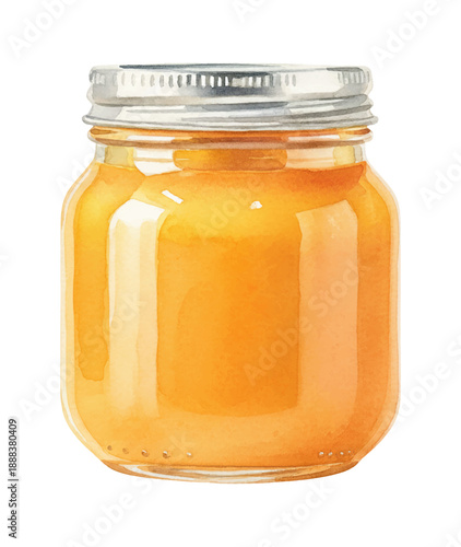 Small Glass Jar Filled with Sweet Orange Jam or Honey Isolated on White Background Watercolor Painting