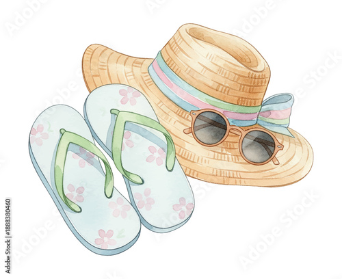 Summer beach vacation accessories watercolor illustration with a straw hat sunglasses and flip flops