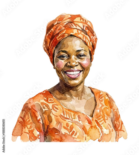 African American woman smiling happily wearing an orange headwrap and patterned top with confidence