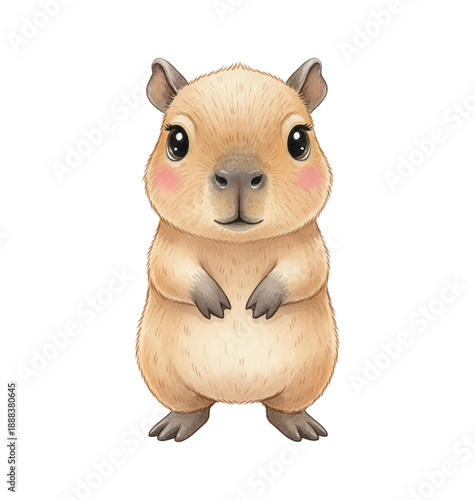 Adorable capybara standing upright with a gentle smile big black eyes and rosy cheeks a cute animal character