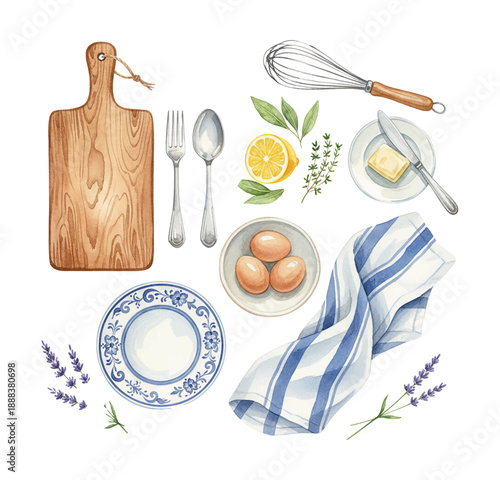 Kitchen essentials watercolor painting with wooden cutting board cutlery lemon eggs butter and lavender flowers