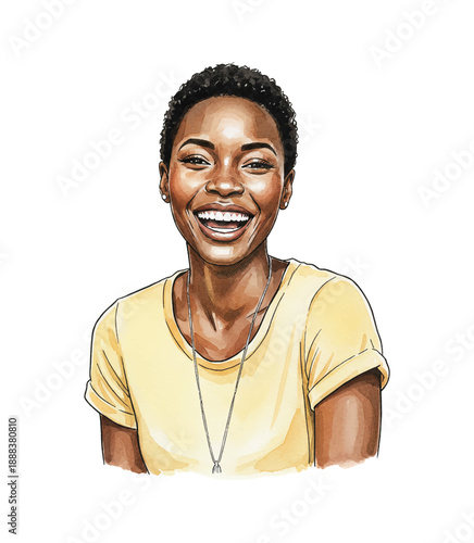 African American woman smiling brightly and widely with a joyful happy expression in a yellow shirt vector illustration