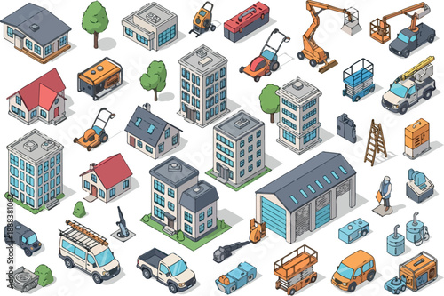 Isometric Buildings, Vehicles, and Equipment for Urban and Industrial Design