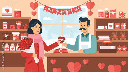 Woman buying chocolate and flowers in store for Valentine, flat style.