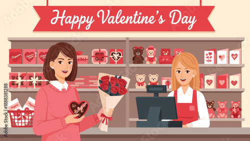 Woman buying chocolate and flowers in store for Valentine, flat style.