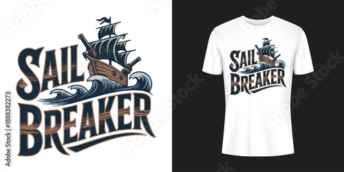 Sail Breaker Nautical Typography with Pirate Ship and Ocean Waves Vector