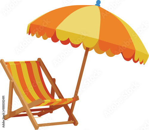Colorful summer beach illustration featuring a striped deck chair under a large orange and yellow sun umbrella, perfect for tropical vacation and holiday travel themes.