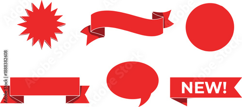 Red promotional labels and ribbon banners set including sale badges speech bubble and new tag shapes for marketing advertising discount announcement design elements