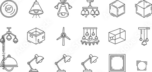 Modern lighting and interior decor line icon set featuring various ceiling lamps, chandeliers, desk lamps, geometric 3D boxes, and wind turbine vector symbols for design.