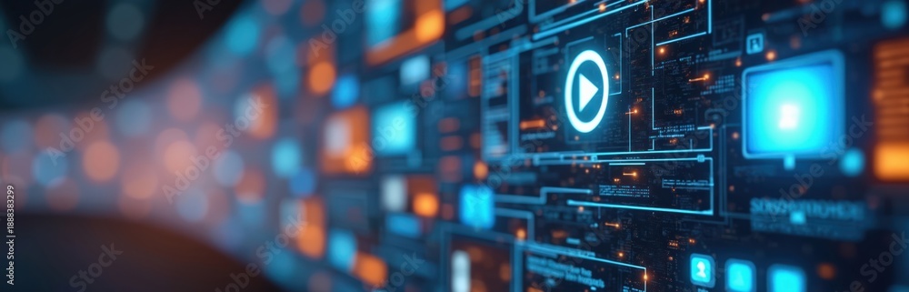 Fototapeta premium Digital interface displays video playback symbol and multiple data streams. Information flows through abstract tech grid with glowing nodes. Futuristic screen shows analytics and connectivity.