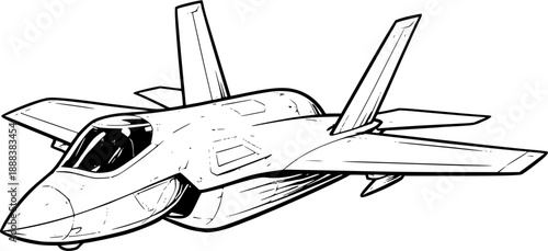 Black and White Modern Military Jet Outline Vector Illustration