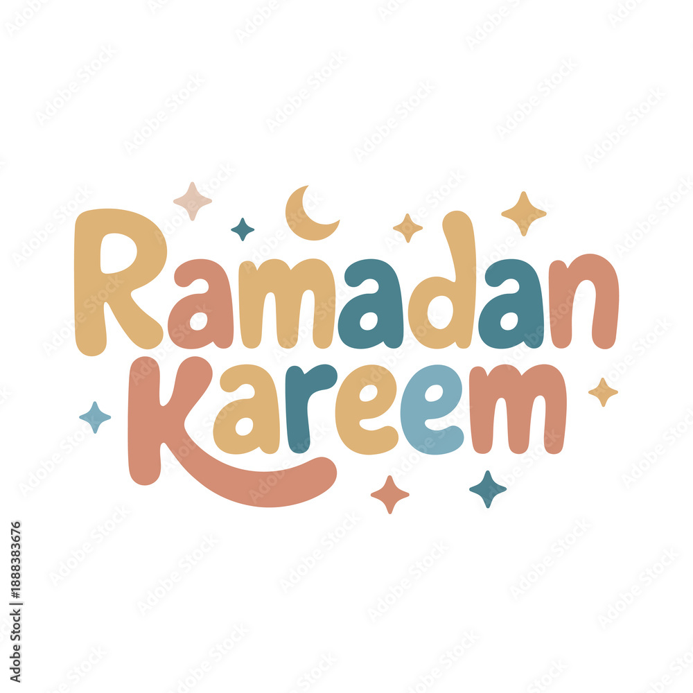 Naklejka premium Ramadan Kareem vibrant lettering with stars and crescent moons