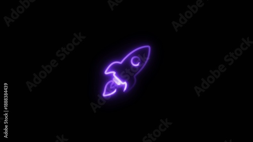 Glowing purple neon outline of a stylized rocket ship with circular window and flame details on dark Generate title without using the word 