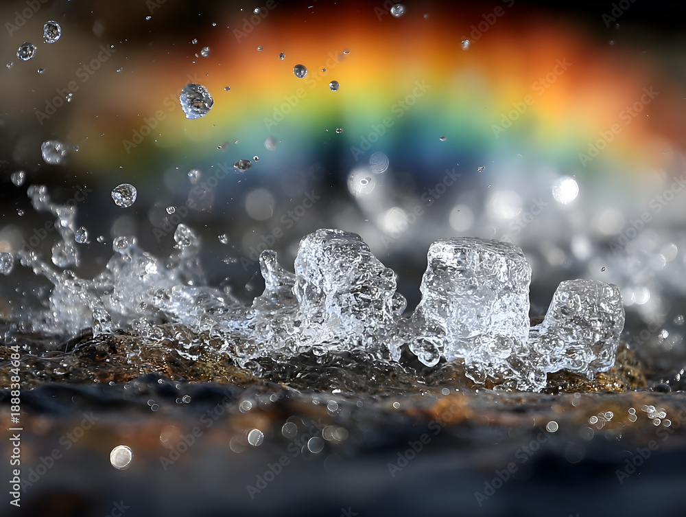Fototapeta premium Ice cubes splashing in water with rainbow background