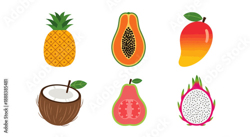 Colorful assortment of tropical fruits on a white background design