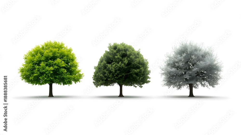 Obraz premium Three large trees seasonal growth stages minimalist white background nature lifecycle spring summer autumn monochrome