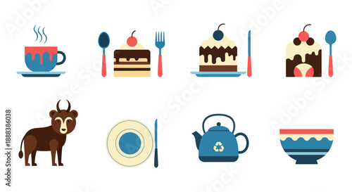 Colorful flat icon set cup cake cutlery cow plate teapot bowl