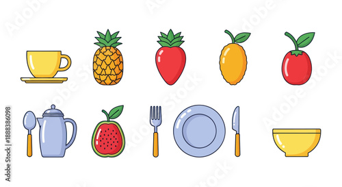 Colorful flat illustration of food and drink items on white background