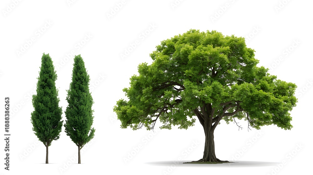 Obraz premium Three green trees isolated on white background minimalist nature design spring foliage growth concept