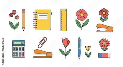 Colorful illustration of office supplies and floral elements on white background
