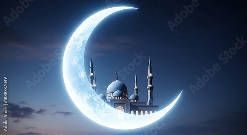 Realistic Crescent Moon Over a White Mosque in a Twilight Sky