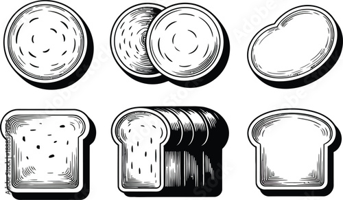 Assortment of bread slices and loaf in a vintage woodcut style , bread, food, baking, bakery,