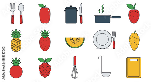 Colorful illustration of various food items and kitchen utensils