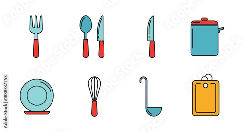 Colorful kitchen utensils and cookware icons set on white background