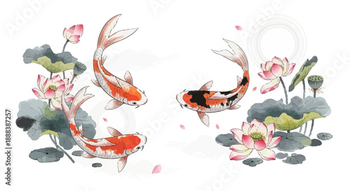 Serene koi fish swimming among blooming lotus flowers in tranquil pond scene