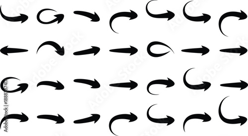 Diverse collection of black arrow with various shapes and curves on a white background
