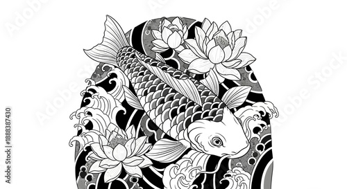 Intricate black and white koi fish swimming among lotus flowers in a traditional Asian style