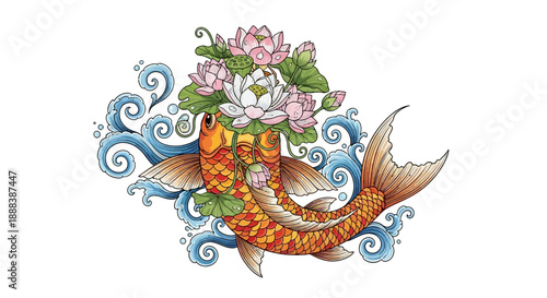 Illustration of a koi fish with blooming lotus flowers and water splashes in a vibrant traditional