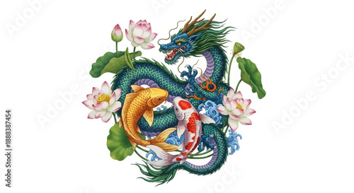 Intricate Japanese Style Dragon and Koi Fish Illustration with Lotus Flowers