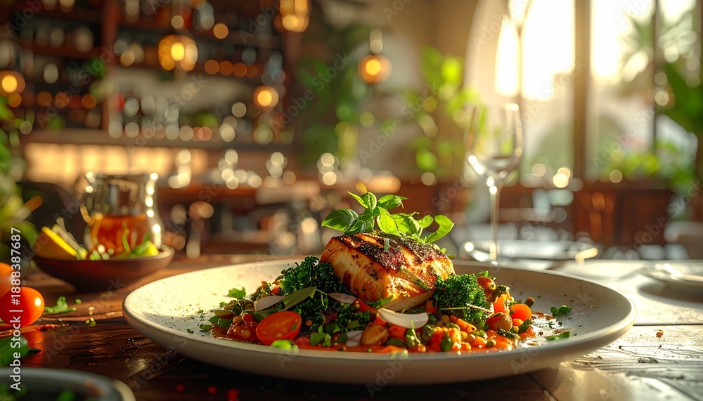Obraz premium Gourmet grilled chicken dish served on a bed of mixed vegetables and herbs in a sophisticated restaurant setting